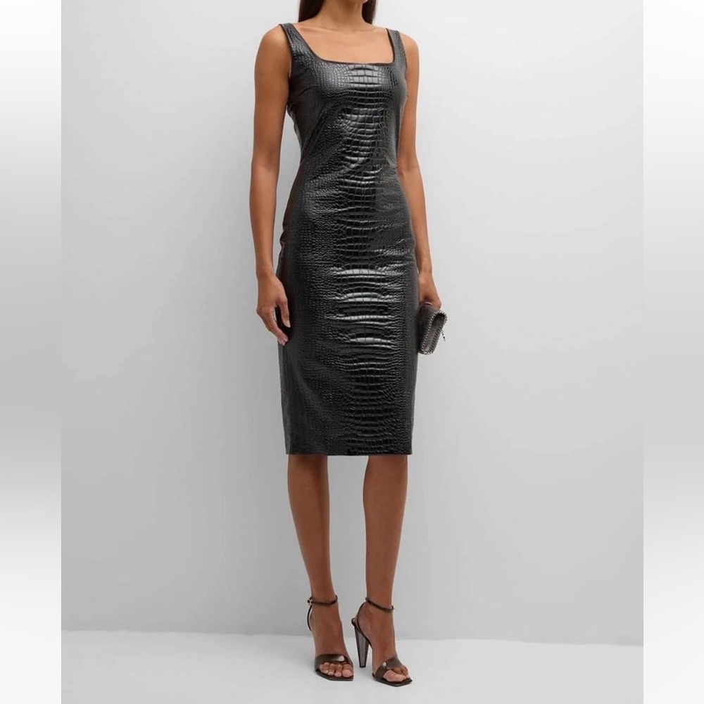 Chiara Boni Crocodile Embosses Faux Leather Midi Cocktail Dress Bodycon Square